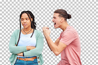Winner, competition and success with a man celebrating after winning a bet against his loser girlfriend on gray background. Success, wow or victory with a boyfriend cheering a win against a woman