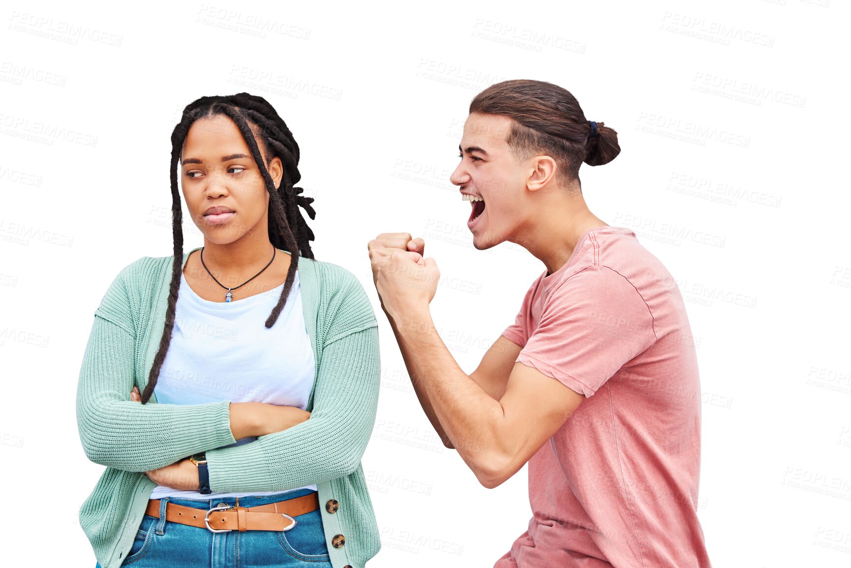 Buy stock photo Loser, winner and people in competition with happy man and sad woman on isolated, transparent or png background. Person, celebrate and girl with arms crossed for gambling, fail or loss in a game