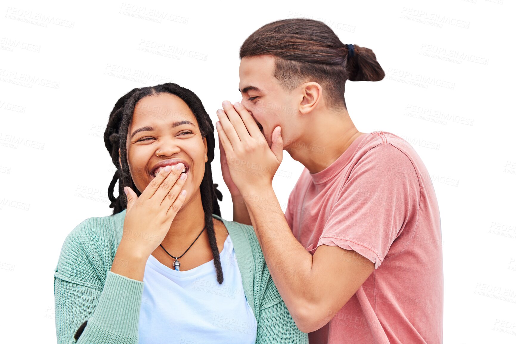 Buy stock photo Secret, happy couple and whisper with a funny story, joke or information isolated on a png transparent background. Comic, laughing and man talking in woman ear for gossip, conversation or meme