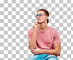 Confused, man and thinking on mockup in studio for advertising, wall background or space. Doubt, contemplate and male pensive, thoughtful and puzzled on copy space, unsure and emoji gesture isolated