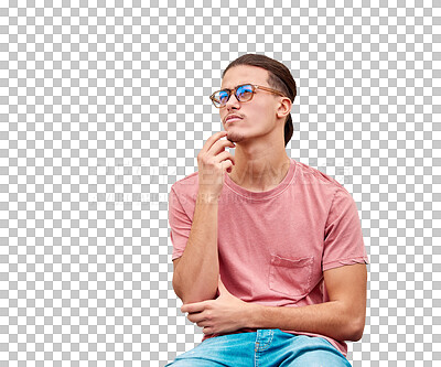 Confused, man and thinking on mockup in studio for advertising, wall background or space. Doubt, contemplate and male pensive, thoughtful and puzzled on copy space, unsure and emoji gesture isolated