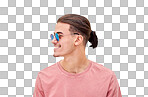 Man, happy or retro sunglasses on isolated background in marketing branding, optometry sale or summer mockup. Smile, model or student in fashion optician vision, eyes healthcare wellness or promotion