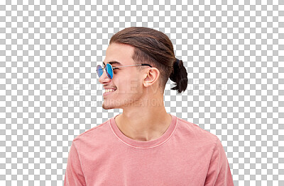 Buy stock photo Happy, man and sunglasses for retro, fashion or style on isolated, transparent or png background in summer. Face, smile and college student in profile with confidence, happiness and clothes of gen z