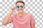 Man, face and retro fashion sunglasses on isolated background for marketing branding, optometry sales or mock up. Smile, happy and model student and summer optician vision or eyes healthcare wellness