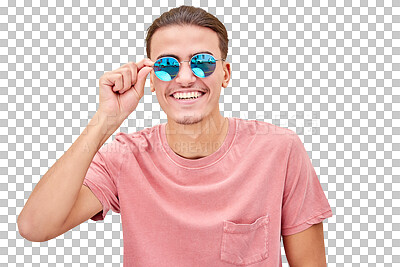 Buy stock photo Face, sunglasses and man in studio for fashion isolated on a png or transparent background with happiness. Portrait, person and smile in summer with trendy outfit, relax and free for lifestyle or joy