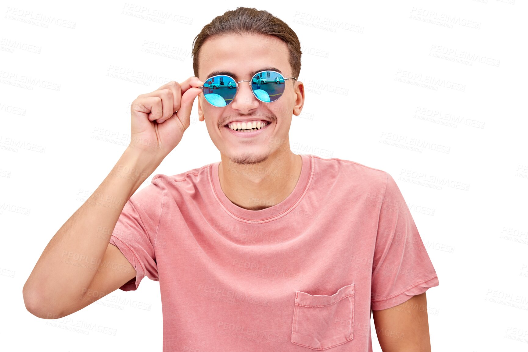 Buy stock photo Face, sunglasses and man in studio for fashion isolated on a png or transparent background with happiness. Portrait, person and smile in summer with trendy outfit, relax and free for lifestyle or joy