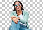 Black woman, sunglasses and city by wall for portrait, happy and smile with fashion in summer. Young gen z, african student girl and outdoor for travel, urban adventure and aesthetic with happiness