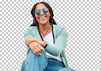 Buy stock photo Portrait, sunglasses and black woman with fashion, funny and happy girl isolated on a transparent background. Person, lady and model with stylish eyewear, laughing or casual clothes with png or humor