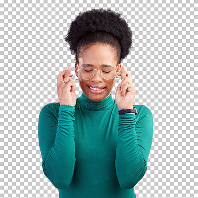 Buy stock photo Fingers crossed, praying and black woman with good luck sign for bonus prize, dream and giveaway isolated on transparent png background. Hope, wish and pray emoji of African person waiting for reward