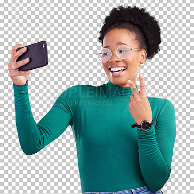 Buy stock photo Happy black woman, peace sign and selfie for photography for profile picture. African female person, model or smile for a photo isolated on a transparent png background for social media and post