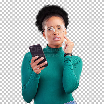 Buy stock photo Thinking, phone and young black woman with confused face for text message or email on the internet. Doubt, why and African female model with cellphone for app isolated by transparent png background.