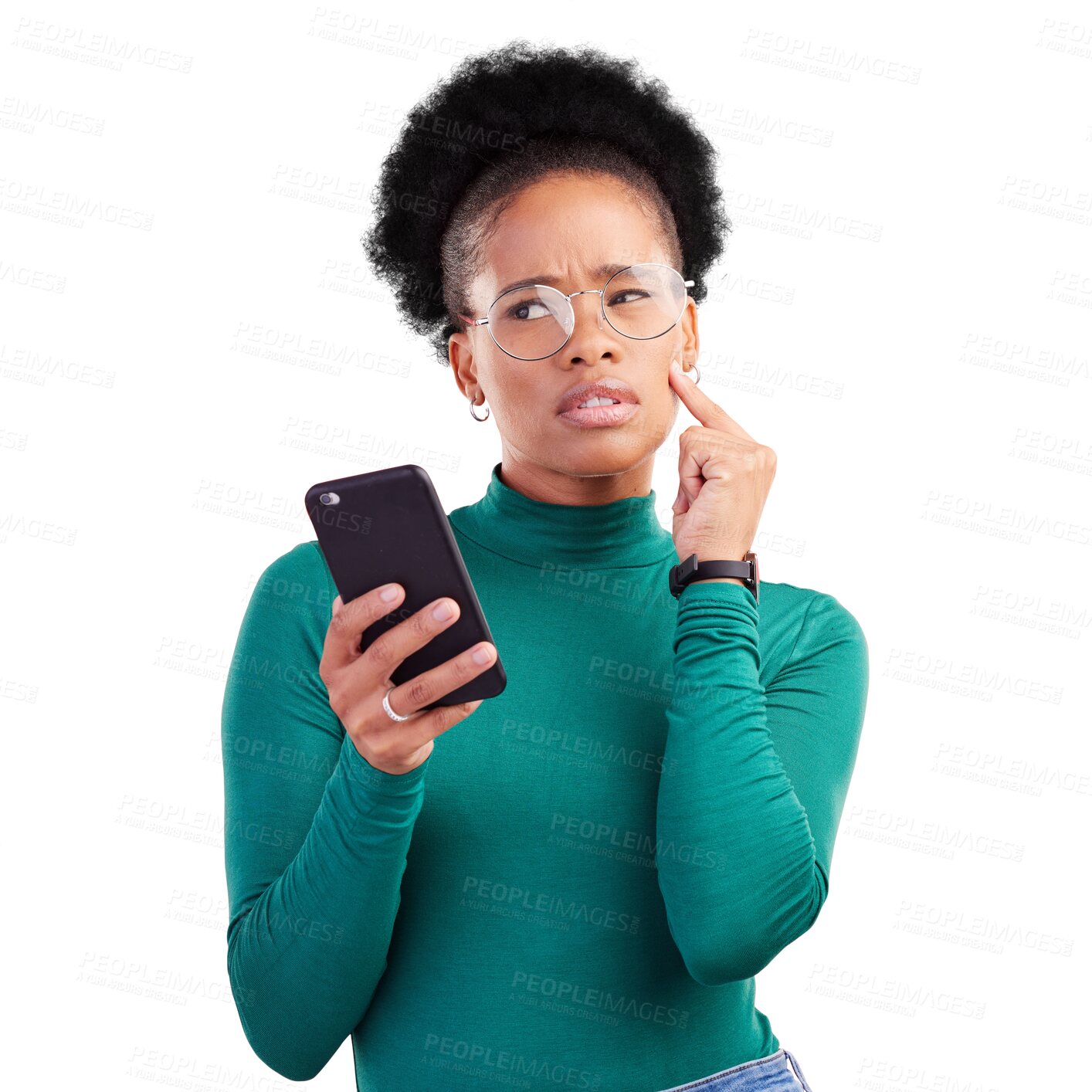 Buy stock photo Thinking, phone and young black woman with confused face for text message or email on the internet. Doubt, why and African female model with cellphone for app isolated by transparent png background.