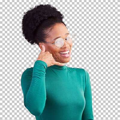Buy stock photo Black woman, contact us and hand as portrait with smile
isolated on transparent png background. Female, hand gesture or talk for internet connection, call me or promotion for network or communication