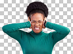 Stress, headache and hands on ears of black woman in studio with noise, complaint or frustration on red background. Migraine, anxiety and African female with vertigo, brain fog or hearing loss crisis