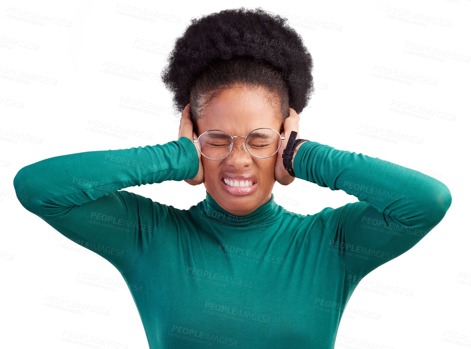 Buy stock photo Headache, stress and hands on ears of black woman with noise, complaint or frustration on png transparent background. Migraine, anxiety and African person with vertigo, brain fog or hearing loss