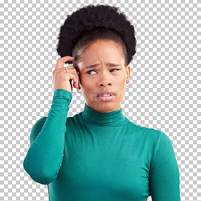 Buy stock photo Thinking, confused and young black woman with idea face for scratching her head with question. Doubt, why and African female model with memory facial expression isolated by transparent png background