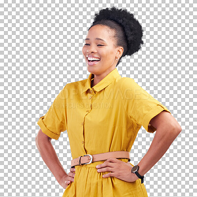 Buy stock photo Funny, laughing and black woman with happiness, joy and positive mindset isolated on a transparent background. African person, girl and model with fashion, stylish outfit and hands on hips with png