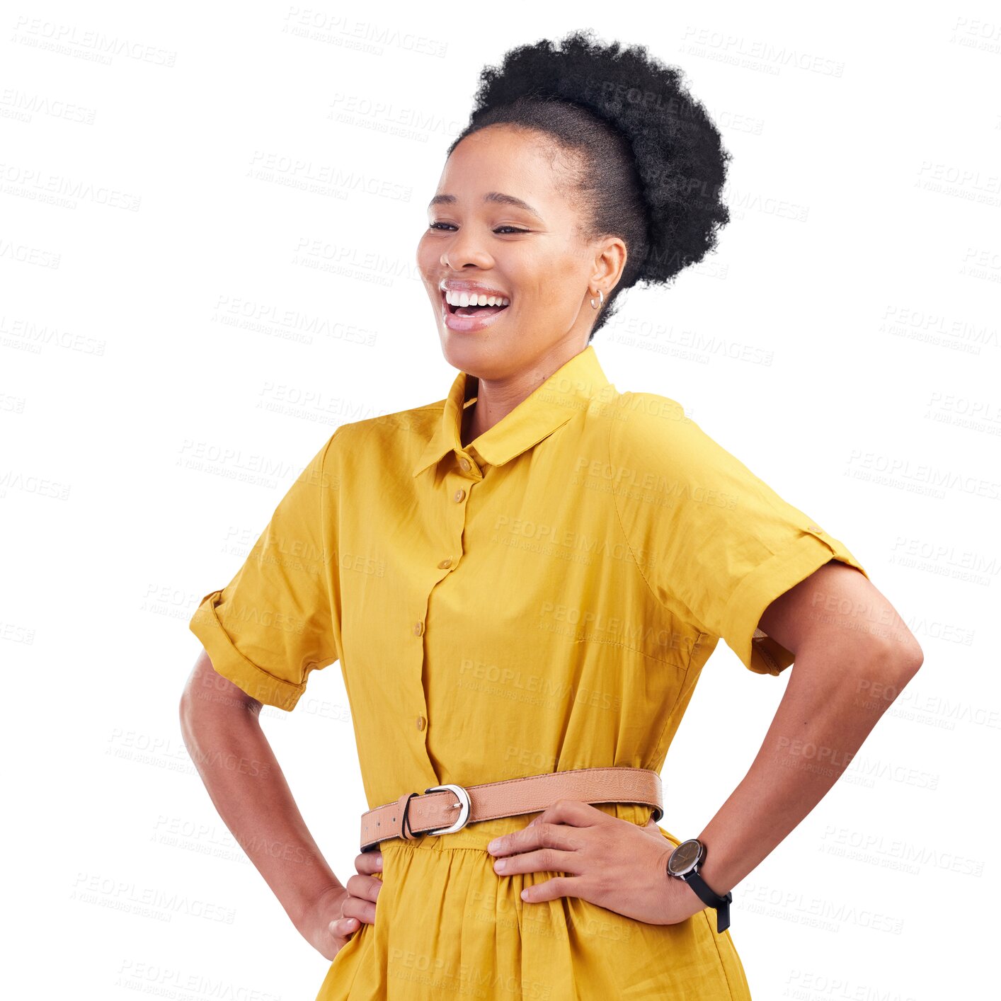 Buy stock photo Funny, laughing and black woman with happiness, joy and positive mindset isolated on a transparent background. African person, girl and model with fashion, stylish outfit and hands on hips with png