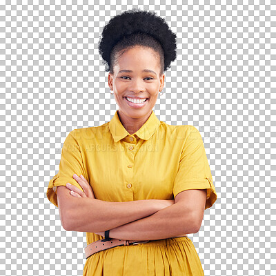 Buy stock photo Black woman, portrait and arms crossed with smile or manager with fashion isolated on transparent png background. Female, employee and trust as worker or confidence in career, mindset or corporate