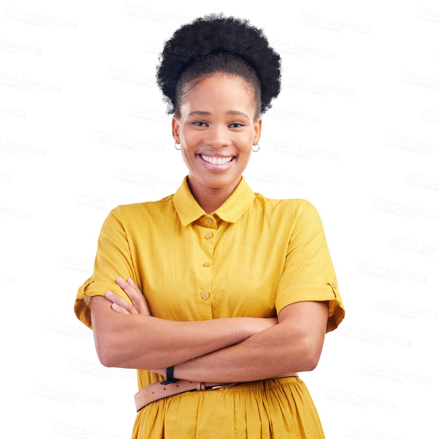 Buy stock photo Black woman, portrait and arms crossed with smile or manager with fashion isolated on transparent png background. Female, employee and trust as worker or confidence in career, mindset or corporate
