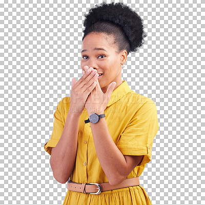 Buy stock photo Woman, face and wow for surprise, happy and isolated on a transparent png background, news and announcement. Black person, shocked and good news for giveaway, drama and gossip with watch and anxiety