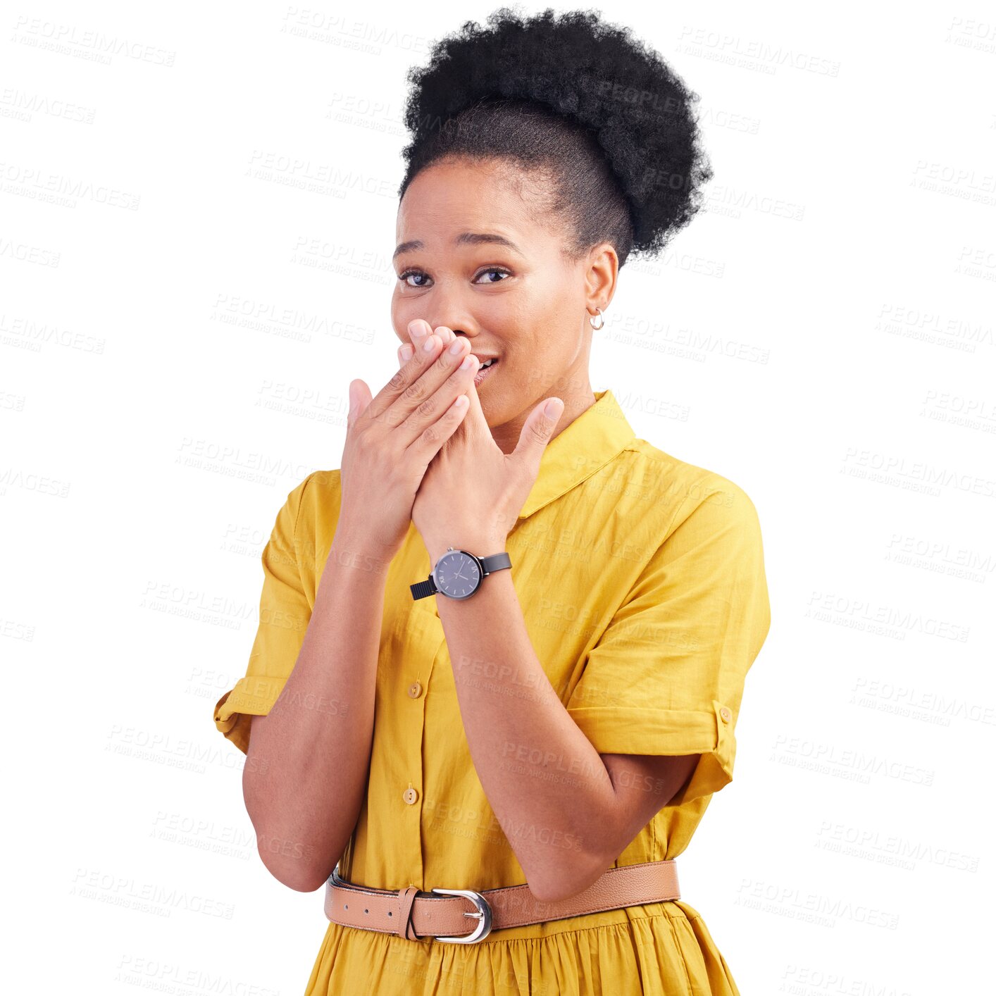 Buy stock photo Woman, face and wow for surprise, happy and isolated on a transparent png background, news and announcement. Black person, shocked and good news for giveaway, drama and gossip with watch and anxiety