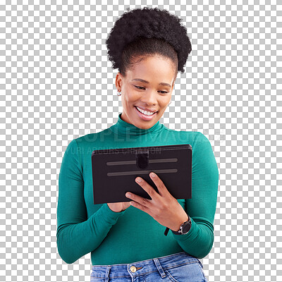 Buy stock photo Tablet, networking and young black woman typing text message on social media or the internet. Happy, smile and African female model scroll on digital technology isolated by transparent png background