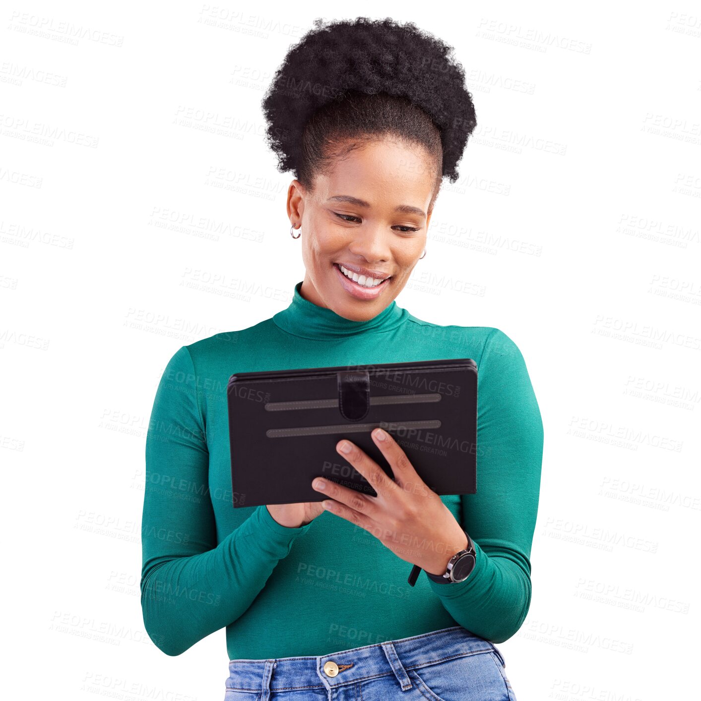 Buy stock photo Tablet, networking and young black woman typing text message on social media or the internet. Happy, smile and African female model scroll on digital technology isolated by transparent png background