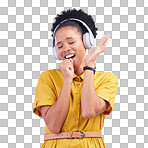 Happy woman, headphones and singing while listening to music for karaoke against a blue studio background. Female person enjoying audio sound track or song with headset for entertainment on mockup