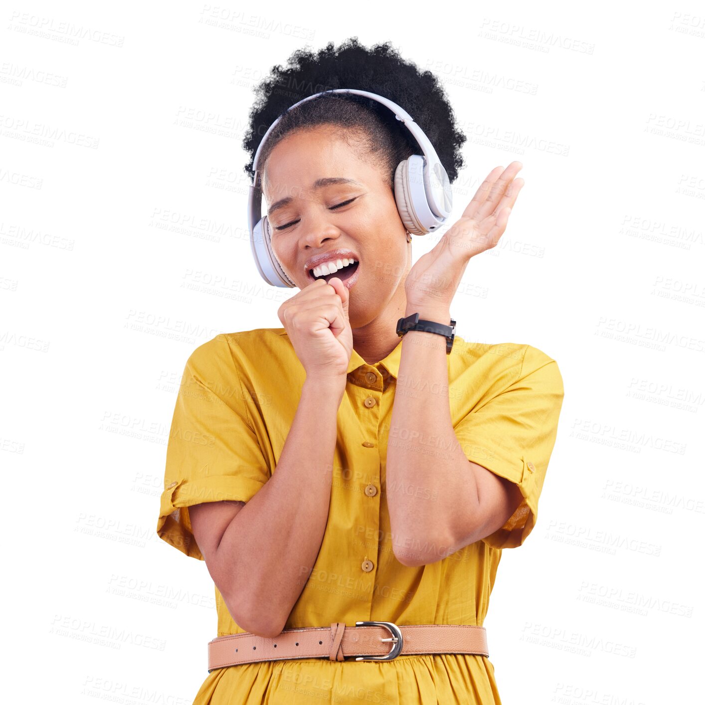 Buy stock photo Headphones, happy and young black woman singing and listening to music, playlist or radio. Smile, fun and African female model streaming a song or album isolated by transparent png background.
