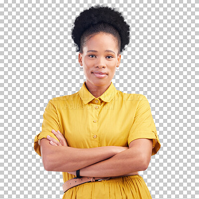 Buy stock photo Arms crossed, face and a black woman with smile for fashion, confidence and a positive mindset on png background. Pride, portrait and african person in casual clothes for motivation or trendy outfit