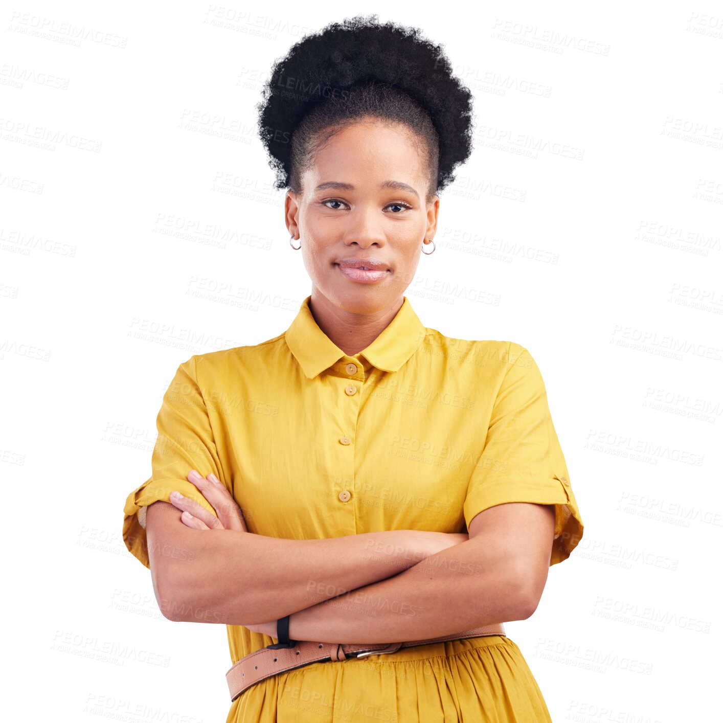 Buy stock photo Arms crossed, face and a black woman with smile for fashion, confidence and a positive mindset on png background. Pride, portrait and african person in casual clothes for motivation or trendy outfit