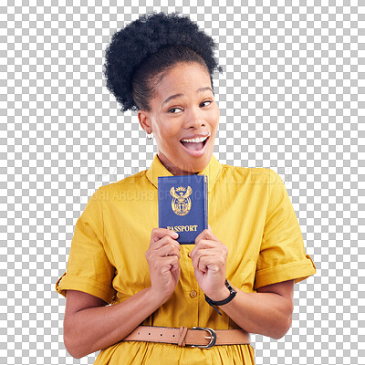Buy stock photo Black woman, passport and happiness, thinking or wow for compliance, identity or travel on png transparent background. Happy student girl, surprise and ideas for immigration document in South Africa