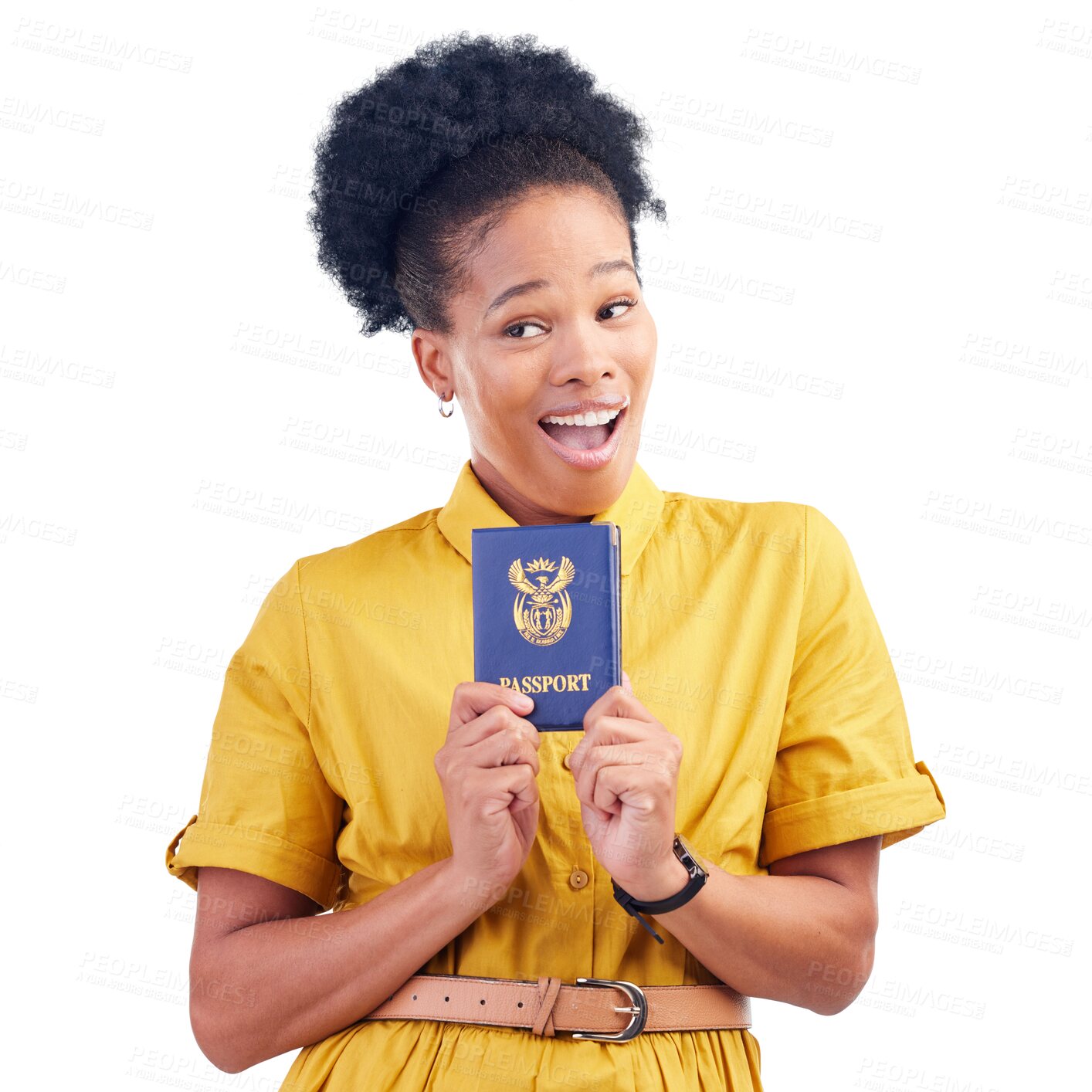 Buy stock photo Black woman, passport and happiness, thinking or wow for compliance, identity or travel on png transparent background. Happy student girl, surprise and ideas for immigration document in South Africa