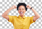Happy woman, fist pump and celebration for winning, promotion or bonus against a blue studio background. African female person enjoying victory, sale or discount in happiness for achievement or goals