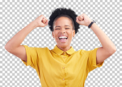 Buy stock photo Happy woman, motivation and success with fist pump, portrait and victory with happiness. Black person, goals and achievement by celebrate, good news and isolated on transparent png background
