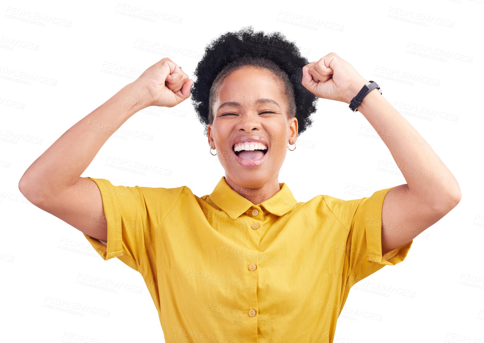 Buy stock photo Happy woman, motivation and success with fist pump, portrait and victory with happiness. Black person, goals and achievement by celebrate, good news and isolated on transparent png background
