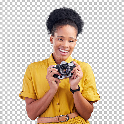 Buy stock photo Photography, portrait and black woman with camera, smile and creative artist job and talent. Travel, face and happy African photographer with hobby or career isolated on a transparent png background