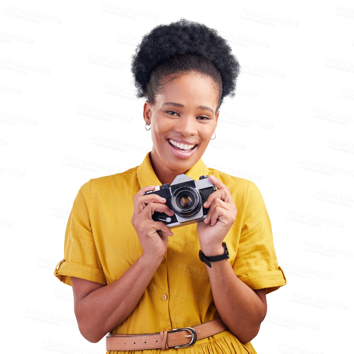 Buy stock photo Photography, portrait and black woman with camera, smile and creative artist job and talent. Travel, face and happy African photographer with hobby or career isolated on a transparent png background