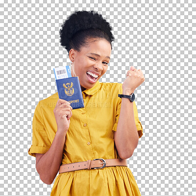 Buy stock photo Isolated African woman, passport document or portrait for celebration by transparent png background. Winner girl, student and identity paperwork with ticket for plane, global travel giveaway or prize