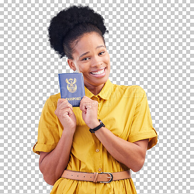 African woman, passport and studio portrait with smile for compliance, identity or paperwork by blue background. Student girl, happy and travel opportunity with immigration document in South Africa
