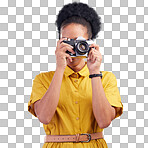 Photography, travel and black woman with camera isolated on blue background, creative artist job and talent. Art, face of photographer with hobby or career in studio taking picture for photoshoot.