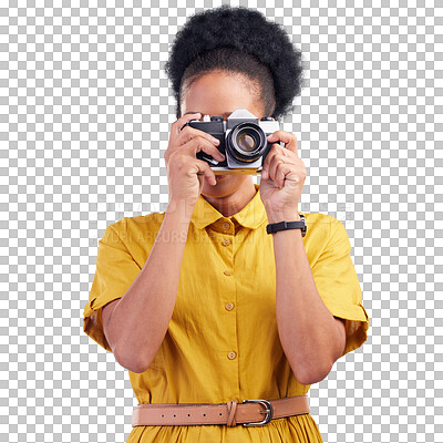 Photography, travel and black woman with camera isolated on blue background, creative artist job and talent. Art, face of photographer with hobby or career in studio taking picture for photoshoot.