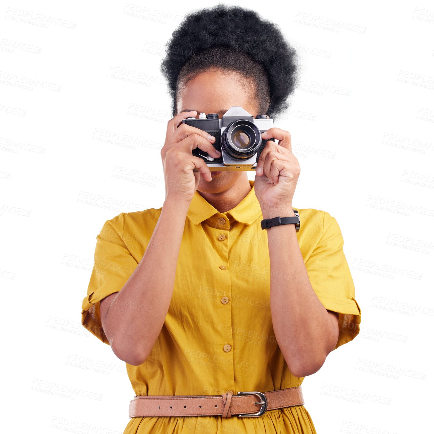 Buy stock photo Isolated photographer woman, camera and photoshoot for magazine job with vision by transparent png background. African journalist girl, vintage tech and paparazzi for art direction, goals or press