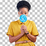 Happy, candy and portrait of a black woman on a studio background for a lollipop, excited and eating. Freedom, young and an African girl or model with sweets for a snack isolated on a backdrop