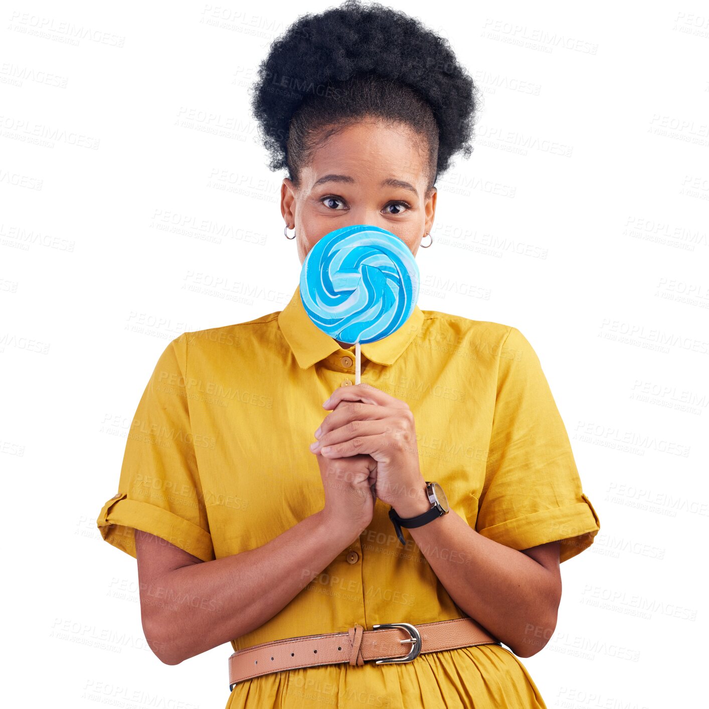 Buy stock photo Isolated African woman, lollipop and portrait with sugar snack for eating by transparent png background. Girl, student and blue sweets for candy addiction, bad diet or nutrition choice to cover mouth