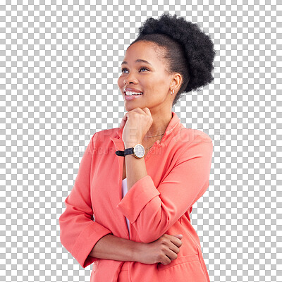 Buy stock photo Thinking, idea and young black woman with brainstorming, problem solving or planning expression. Memory, remember and African female model with reflection face isolated by transparent png background.