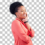 Happy, smile and business with black woman in studio for professional, creative and pride. Entrepreneur, career and happiness with female employee on blue background for confidence and thinking