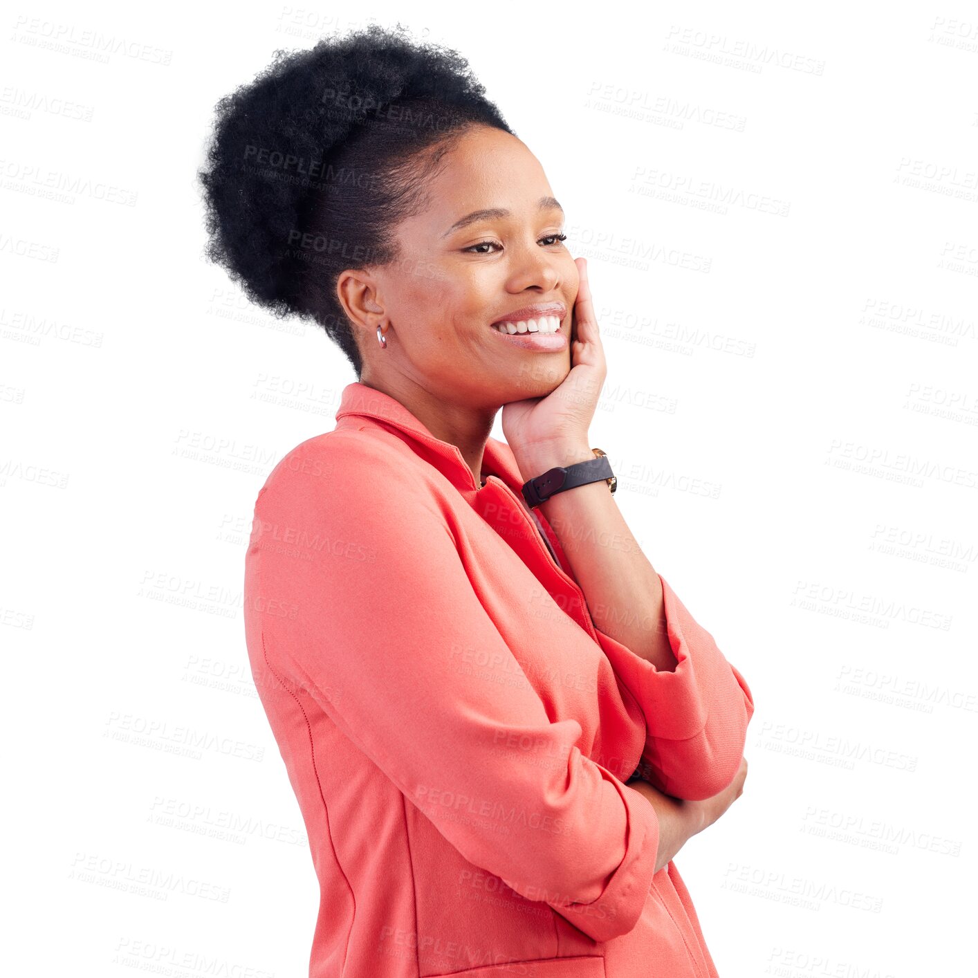 Buy stock photo Black woman, thinking and vision with smile or idea as boss isolated on transparent png background. Female manager, daydream and creative as professional with business trust, success or motivation 