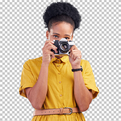 Photography, portrait and black woman with camera isolated on blue background, creative artist job talent. Art, face of happy photographer with hobby or career in studio on travel holiday photoshoot.